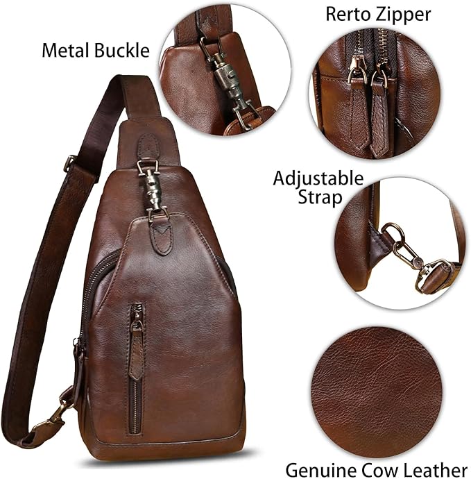LRTO Genuine Leather Sling Bag for Men and Women Real Leather Shoulder Crossbody Bag Chest Bag Sling Backpack Purse