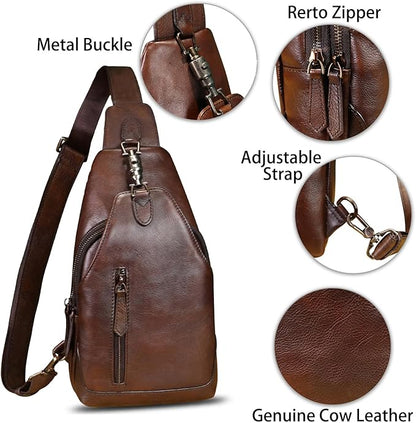 LRTO Genuine Leather Sling Bag for Men and Women Real Leather Shoulder Crossbody Bag Chest Bag Sling Backpack Purse