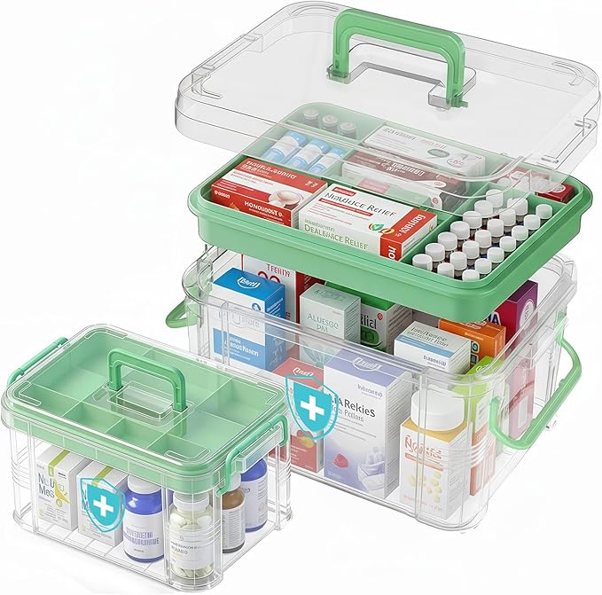 ANYPROLUS 2 Pack Clear Medicine Organizer Box with Handle, Plastic Medicine Container with Tray First Aid Box Empty, Thickened Medicine Storage Organizer Multipurpose Medication Organizer Storage