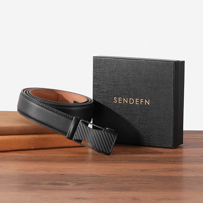 SENDEFN Men's Leather Belt - Automatic Ratchet Slide Buckle, Easy Trim-to-Fit Function, Packaged with Gift Box