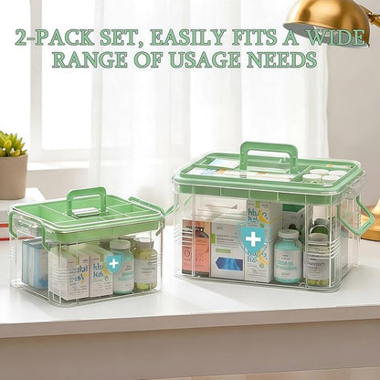 ANYPROLUS 2 Pack Clear Medicine Organizer Box with Handle, Plastic Medicine Container with Tray First Aid Box Empty, Thickened Medicine Storage Organizer Multipurpose Medication Organizer Storage