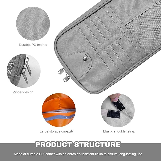 Car Sun Visor Organizer, Multi-Purpose Visor Storage Holder with Elastic Bands & Glasses Clip, Multi-Pocket Sunshade Organizer Soft Leather Storage Pouch for Car Truck SUV (Gray)