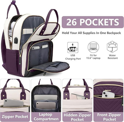 Laptop Backpack for Women Work Bag - 15.6 inch Travel Backpack Purse with USB Charger College Bookbag Waterproof Cute Casual Daypack Fashion Business Computer Backpacks for Teacher Nurse Dark Purple