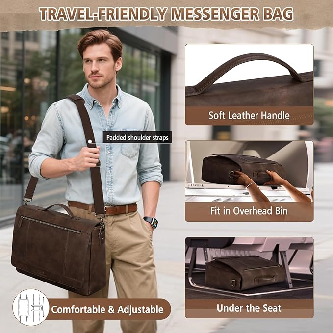 RAINSMORE Leather Messenger Bag for Men 15.6 Inch Laptop Bag Vintage Briefcase Large Computer Bag Satchel Shoulder Bag For College, Work, Business, Office, Dark Brown