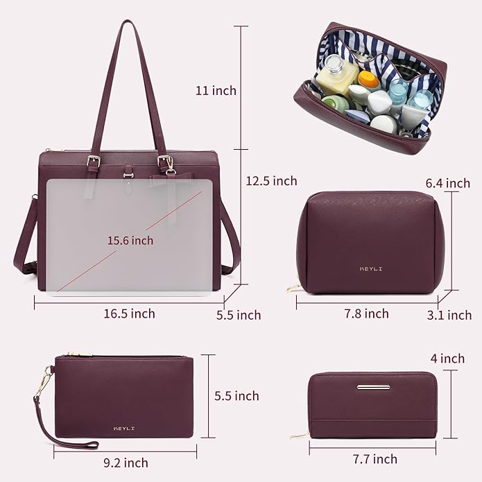Keyli 4pc Sets Laptop Bag for Women Large Leather Laptop Briefcase with USB Charging Port Computer Shoulder tote Bags Purse