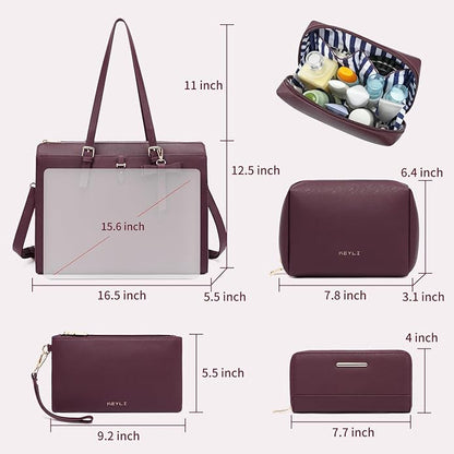 Keyli 4pc Sets Laptop Bag for Women Large Leather Laptop Briefcase with USB Charging Port Computer Shoulder tote Bags Purse