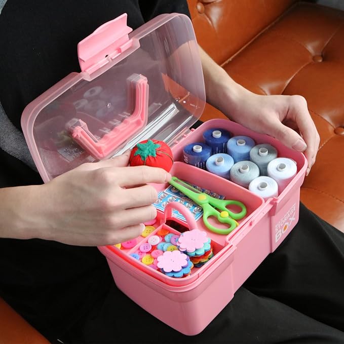 TERGOO 11in Mutipurpose Storage Box Organizer with Removable Tray, Portable Small Craft Organizer with Handle, Plastic Clear Tool Box Art Case for Makeup, Sewing, Nail, Hair Accessories (Pink)