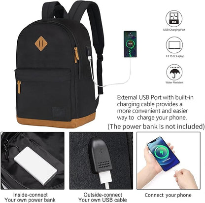 Laptop Backpack with Leather Decoration, USB Charging Port, Classic Backpack for College, Work, Travel(18 Inches/Grey