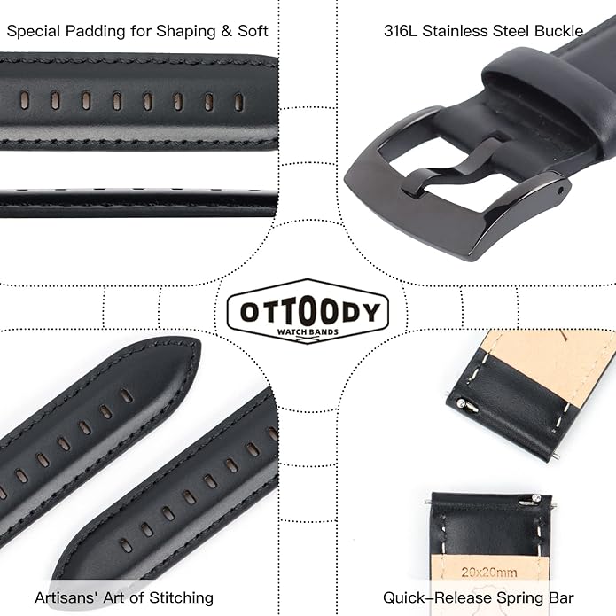 OTTOODY Leather Watch Bands Quick Release, Elegant Top Grain Leather Watch Straps for Men & Women, Choice of Color & Width - 18mm, 19mm, 20mm, 21mm or 22mm Wristbands Bracelet for Watch & Smartwatch