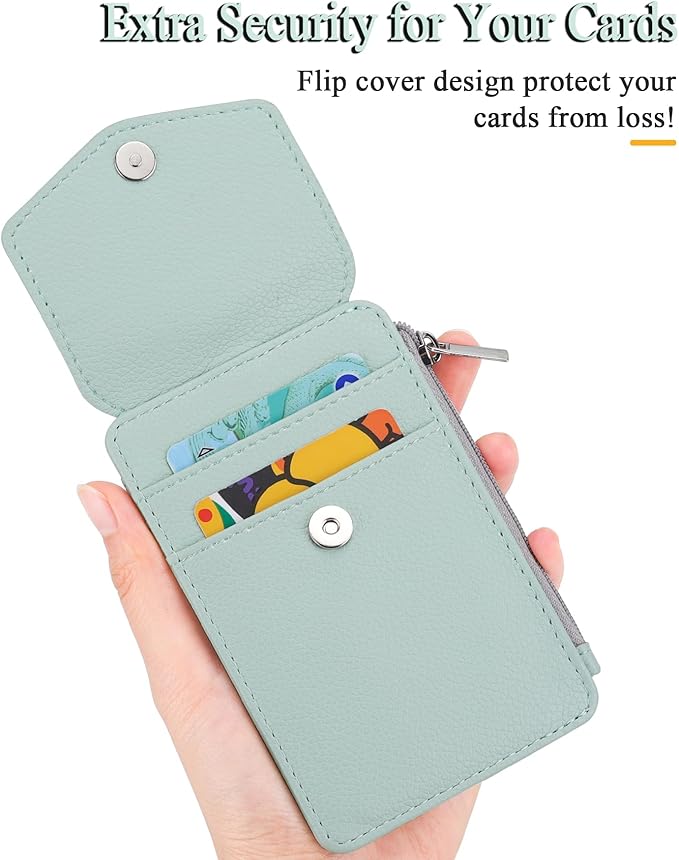 Teskyer Badge Holder with Side Zip Pocket, Multiple Card Slots Leather ID Holder Wallet with Neck Lanyard for Office, Teachers/Students, Workers, Cruise Cards, Metro Cards, Lichee Light Green