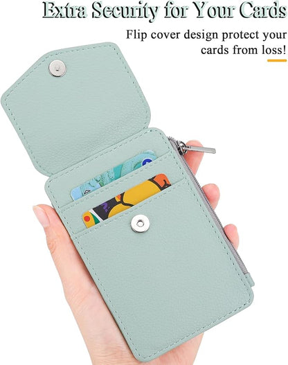 Teskyer Badge Holder with Side Zip Pocket, Multiple Card Slots Leather ID Holder Wallet with Neck Lanyard for Office, Teachers/Students, Workers, Cruise Cards, Metro Cards, Lichee Light Green