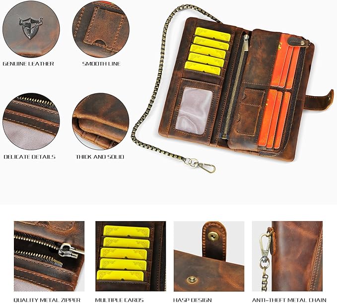 Genuine Crazy Horse Leather Travel Gift Coin Pocket Card Case Long Organizer Chain Rfid Wallet Purse With Snap For Men Male 1803 1815 (1803 Brown)