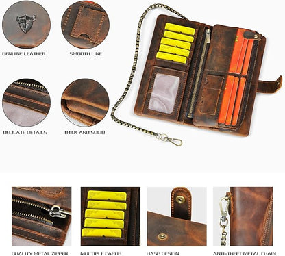 Genuine Crazy Horse Leather Travel Gift Coin Pocket Card Case Long Organizer Chain Rfid Wallet Purse With Snap For Men Male 1803 1815 (1803 Brown)