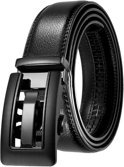 JINIU Men's Ratchet Belt Buckle, Black Genuine Leather Slide Belt for Men Dress Suit, Micro Adjustable Trim to Fit Boxed