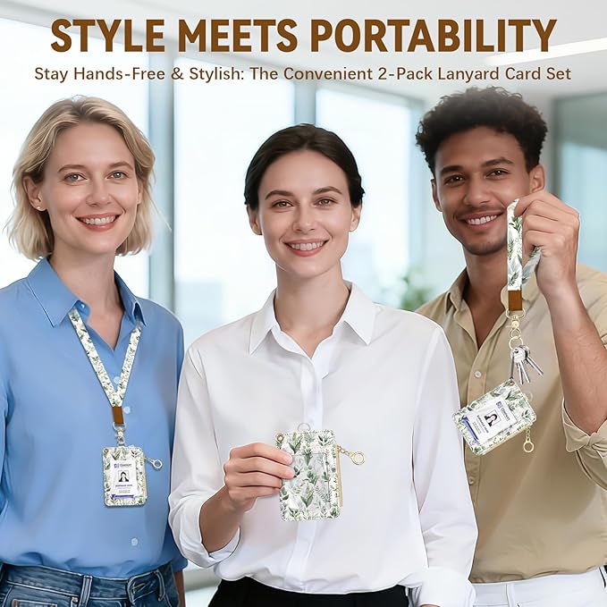 Cute Leather Badge Holder with Zipper Pocket, Leaves Lanyards and 1 Zip Pocket and 4 Card Slots, Breakaway Lanyards with Metal Clasp for Offices, Staff, Adult, Employees