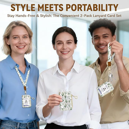 Cute Leather Badge Holder with Zipper Pocket, Leaves Lanyards and 1 Zip Pocket and 4 Card Slots, Breakaway Lanyards with Metal Clasp for Offices, Staff, Adult, Employees