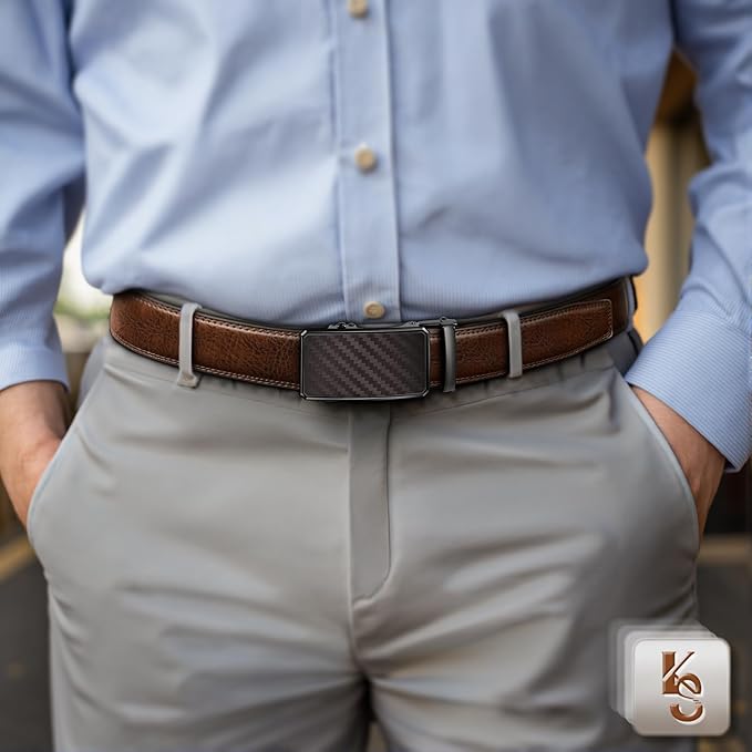 KEMISANT Men Belt Ratchet Click Belt Genuine Leather Adjustable For Men Golf Dress Casual Jeans 1 3/8-Cut For Fit