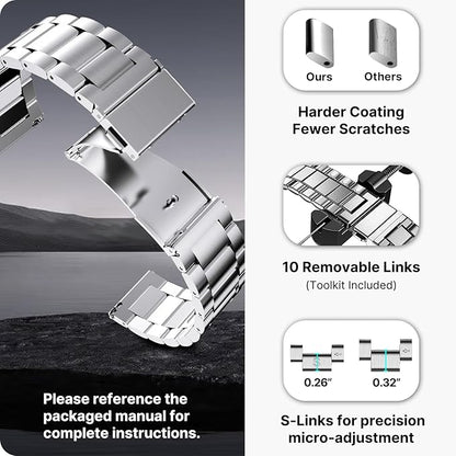 Fullmosa Stainless Steel Watch Band 16mm 18mm 19mm 20mm 22mm 24mm, Quick Release Metal Replacement Strap with Removable Links, Includes Spring Bars & Link Removal Tool for Men Women (20mm, Silver)