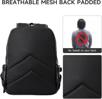 MOYYI Leather Backpack for Men Black Large Backpack Fit 15.6inch Laptop Rucksack Waterproof for business Commute Casual Daypack