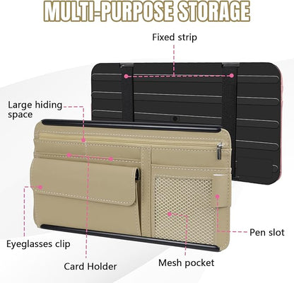 Hovom Car Visor Organizer, Leather Multi-Pocket Auto Sun Visor Storage Pouch with Sunglasses Holder, Card Holder, Zipper Pocket, Net Pocket, Pen Slot, Universal Interior Car Accessories (Beige)
