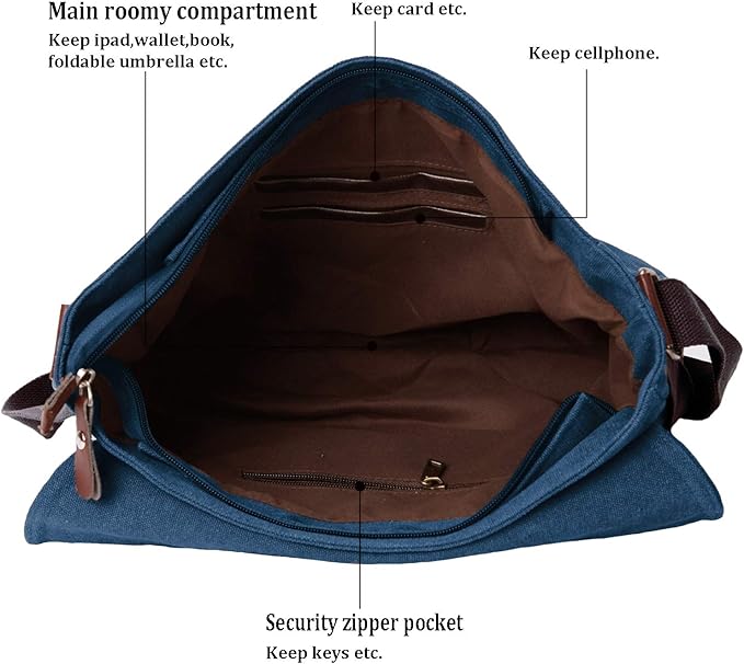 Mactso Vintage Canvas Messenger Bag for Men Women, 13.5 Inch Laptop Satchel Shoulder Bag with Multiple Pockets, Crossbody Bag for Work Travel College (Blue)