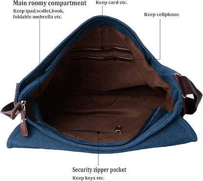 Mactso Vintage Canvas Messenger Bag for Men Women, 13.5 Inch Laptop Satchel Shoulder Bag with Multiple Pockets, Crossbody Bag for Work Travel College (Blue)