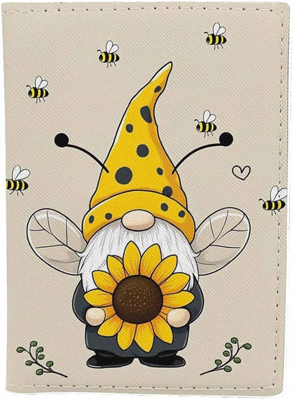 Bee Gnome Passport Holder for Travel Sunflower Leaf Love PU Leather Passport Cover Wallet Cute Passport Card Holder for Women and Men