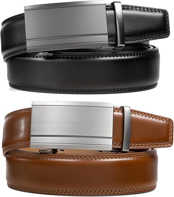 2 Pack Ratchet Belt 1 3/8", Mens leather Dress Belt in Gift Set Size 28"-62" Adjustable waist Trim to Fit