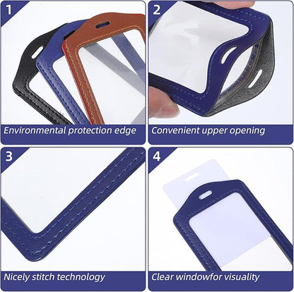 3 Pcs Leather ID Badge Holder, Vertical ID Card Holders Double-Side Clear Card Holder Waterproof Name Badge Holders for Office Staff Employees Doctors (Black, Blue, Coffee)