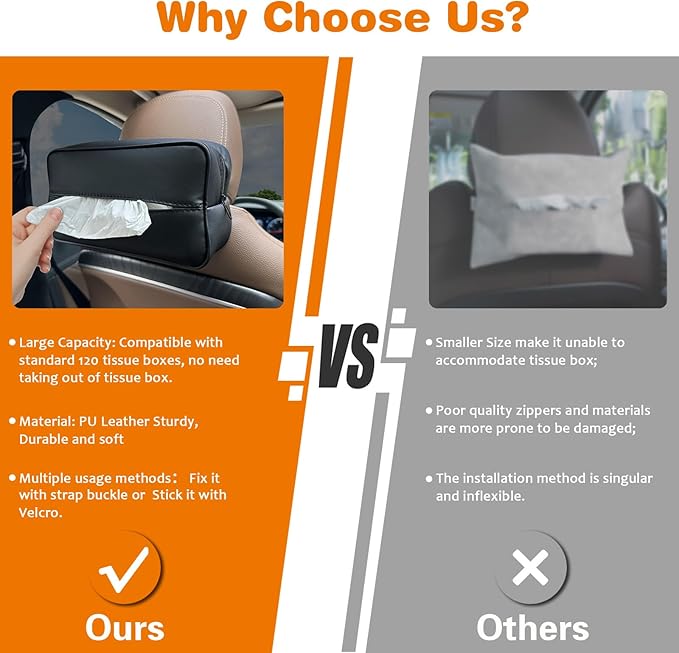 Witaxima Large Car Tissue Holder for 120 Standard Tissues, Premium PU Leather Tissue Holder in Car Backseat Rectangular, Napkin Holder for Car Fits for Kleenex Tissues Box Daily Use Black