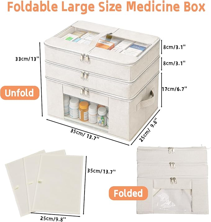 3-Tier Medicine Cabinet Organizer, Foldable Fabric Medicine Storage Box with Clear Cover and Handle,Multipurpose Medicine Organizer Box for First Aid, Home and Travel