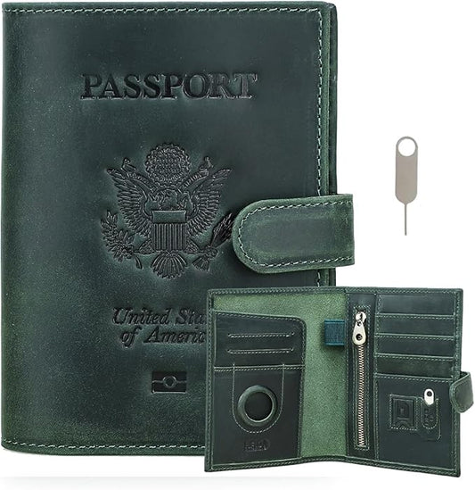 CONTACTS Full Grain Leather Passport Holder Compatible with Airtag RFID Blocking Passport Wallet for Men Travel Passport Cover with SIM Card Removal Tool (Badge, Green)