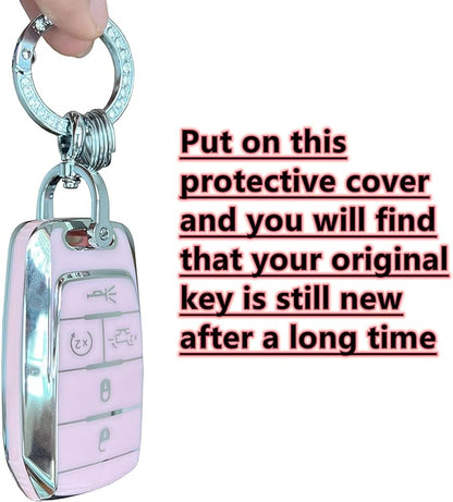 Key Protective Shell for RAM Key Fob Cover with Keychain Fit for RAM 1500 2500 3500 Smart Key Case Accessories (5-Button-Pink-Silver)