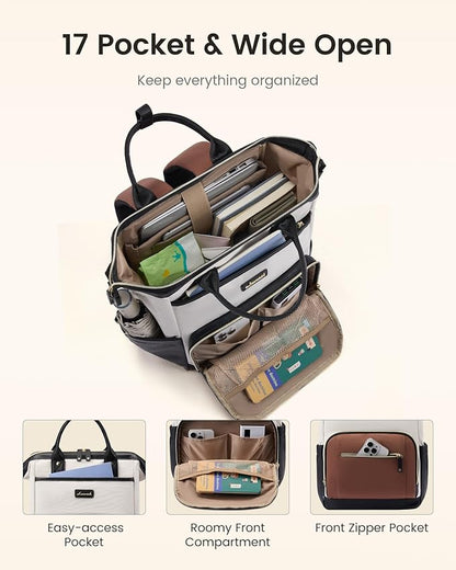 LOVEVOOK Laptop Backpack for Women with Giant Tumbler Holder,17 inch Professional Nurse Teacher Backpack Computer Laptop Bag,Cute Waterproof Travel Backpack Purse Work College Bag, Beige-Black-Brown