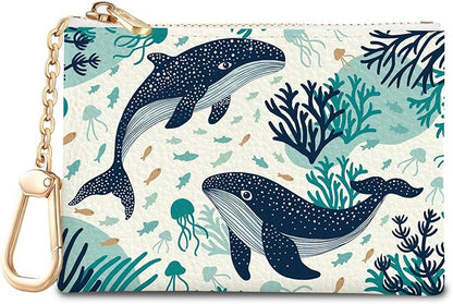 Whale Aesthetic Keychain Coin Purse for Women, Small PU Leather Change Pouch, Zipper Little Tiny Travel Wallet for Girls, Cute Kawaii Zip Pocket Coin Holder with Key Ring
