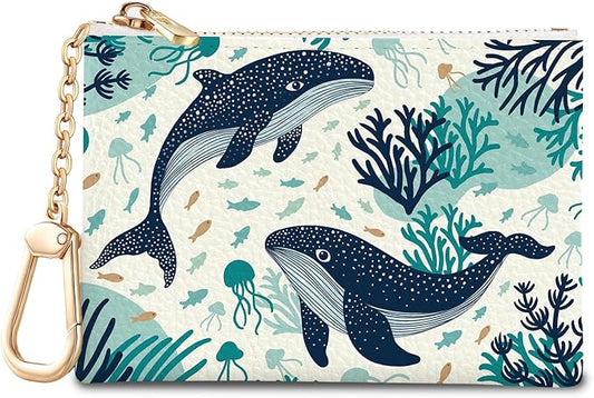 Whale Aesthetic Keychain Coin Purse for Women, Small PU Leather Change Pouch, Zipper Little Tiny Travel Wallet for Girls, Cute Kawaii Zip Pocket Coin Holder with Key Ring