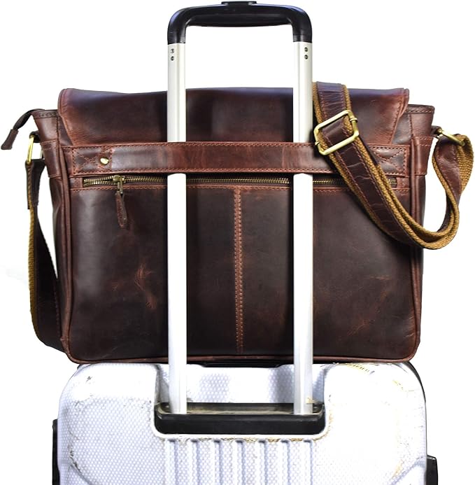 16" Crossbody Bag Leather Laptop Messenger Bag For Men with trolley sleeve for school office (Walnut)