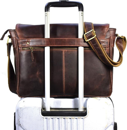 16" Crossbody Bag Leather Laptop Messenger Bag For Men with trolley sleeve for school office (Walnut)