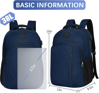 LARIPOP Carry On Backpack for Airplane, 17.3 Inch Laptop Backpack with USB Charging Port, Water Resistant Business Travel Backpack, Lightweight College School Bookbag Anti Theft for Men Women, Blue