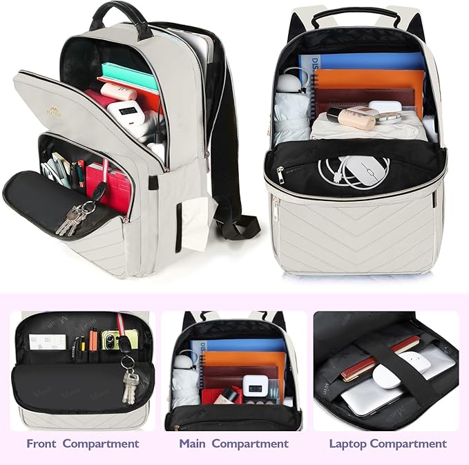 MATEIN Travel Laptop Backpack, Anti Theft Quilted Slim Backpacks for Women with Detachable Keychain Hook, Teacher Doctor Nurse Carry on Bags Purse Fits 15.6 Inch Notebook, White