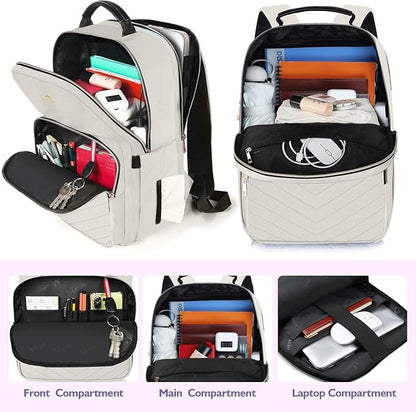 MATEIN Travel Laptop Backpack, Anti Theft Quilted Slim Backpacks for Women with Detachable Keychain Hook, Teacher Doctor Nurse Carry on Bags Purse Fits 15.6 Inch Notebook, White
