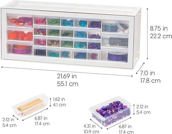 IRIS USA Plastic Storage Drawers, Made in USA, 26-Drawer Organizer Cabinet, Stackable Teacher Toolbox for Crafts, Beads, Stickers, Hardware, Nuts & Bolts, Scrapbook Supplies, Building Bricks – White