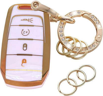 Key Protective Shell for RAM Key Fob Cover with Keychain Fit for RAM 1500 2500 3500 Smart Key Case Accessories (4-Button-Pink-Gold)