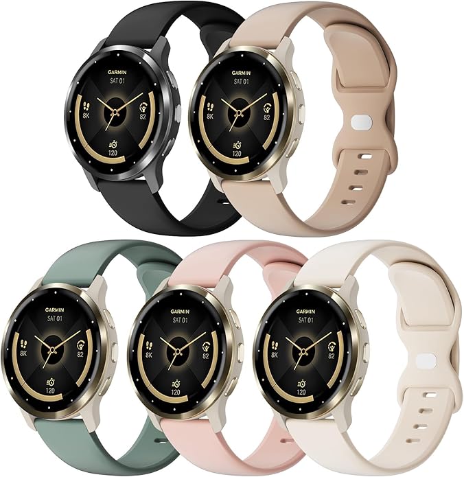 5 Pack 18mm Silicone Watch Band Compatible with Garmin Vivoactive 4S/Vivomove 3S/Venu 3S 41mm/Venu 4 41mm/Venu 2S/Forerunner 255S/265S, Quick Release Soft Sport Straps for Women Men