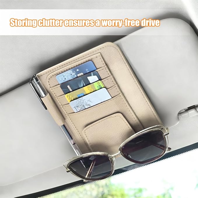 Car Sun Visor Organizer, PU Leather Vehicle Visor Document Storage Pocket for Sunglass Card Pen, Multifunctional Automotive Interior Holder Accessories, Universal Fit (Beige)