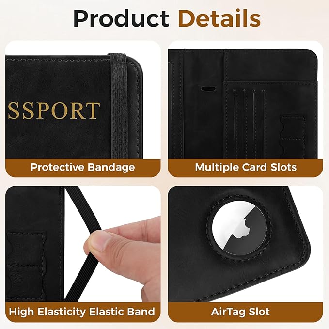 Passport Holder for Travel Women Men - Passport Cover Wallet with Airtag Slot - RFID Blocking PU Leather Passport Holder Case with Card Holder, Pen Slot - Black