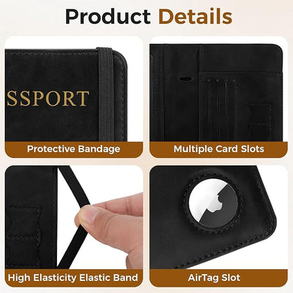 Passport Holder for Travel Women Men - Passport Cover Wallet with Airtag Slot - RFID Blocking PU Leather Passport Holder Case with Card Holder, Pen Slot - Black