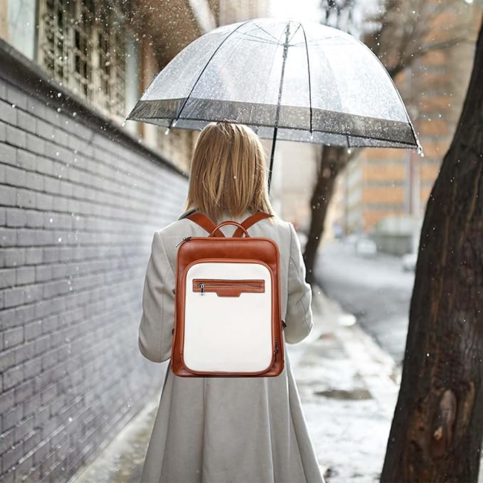 Leather Laptop Backpack, Women and Men Backpack Travel Business Work College Water Resistant Anti Theft Daypack Slim Large fits for 15.6 inch Notebook Computer bag, Off White+ Brown…