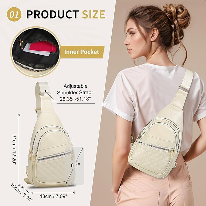 Crossbody Bags for Women Men,Leather Sling Bag Cross Body Backpack for Women, Casual Chest Bag Daypack for Travel Hiking, Beige