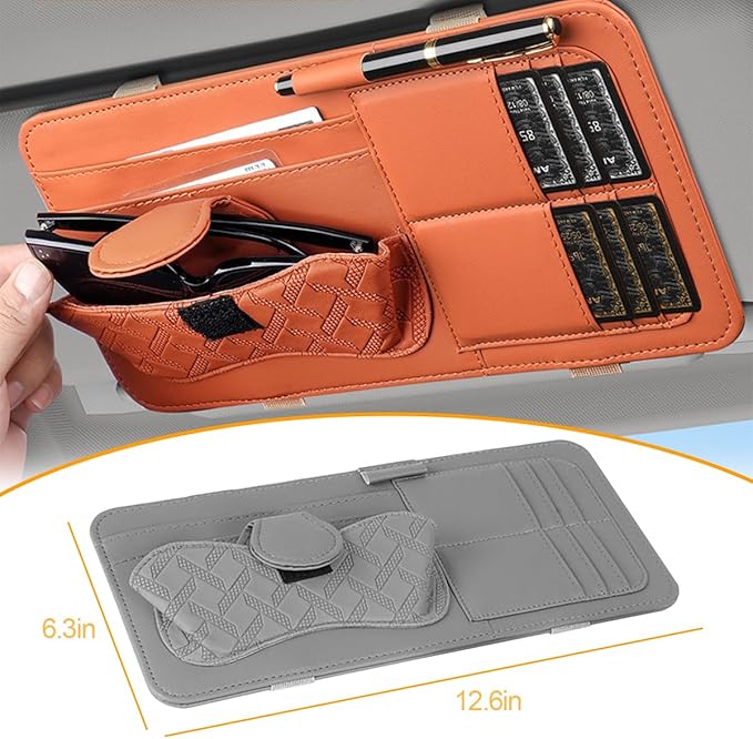 Car Sun Visor Organizer, Leather Multi Pocket Vehicle Visor Storage Pouch for Sunglasses Card License, Multifunctional Auto Interior Organization Accessories, Universal Fit (Gray)